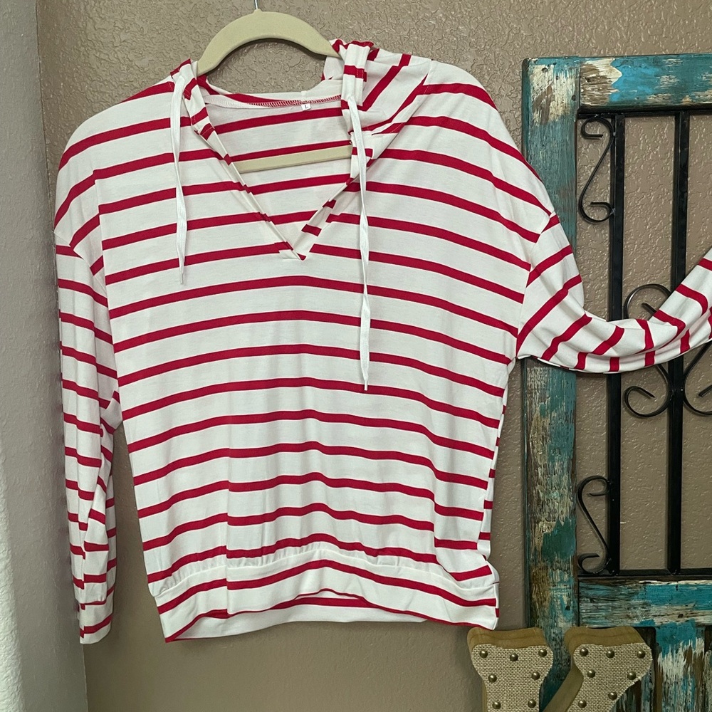 Striped Red and White Women's Hoodie Top